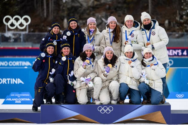 260218 Anna Magnusson, Linn Gestblom, Hanna Öberg and Elvira Öberg of Sweden, Camille Bened of France, Lou Jeanmonnot of France, Oceane Michelon of France and Julia Simon of France with Marthe Krakstad Johansen of Norway, Juni Arnekleiv of Norway, Karoline Offigstad Knotten of Norway and Maren Kirkeeide of Norway celebrate with their medals on the podium after the women s biathlon 4 x 6 km relay during day 12 of the 2026 Winter Olympics on February 18, 2026 in Anterselva. Photo: Mathias Bergeld BILDBYRAN kod MB MB1336 skidskytte biathlon skiskyting Olympic Games, Olympische Spiele, Olympia, OS olympics winter olympics os ol olympiska spel vinter-os olympiske leker milano cortina 2026 milan cortina 2026 milano cortina 2026 olympic games milano cortina 2026 winter olympic games milano cortina-os milano cortina-ol vinter-ol 12 bbeng relay stafett jubel sverige norge frankrike *** 260218 Anna Magnusson, Linn Gestblom, Hanna Öberg and Elvira Öberg of Sweden, Camille Bened of France, Lou Jeanmonnot of France, Oceane Michelon of France and Julia Simon of France with Marthe Krakstad Johansen of Norway, Juni Arnekleiv of Norway, Karoline Offigstad Knotten of Norway and Maren Kirkeeide of Norway celebrate with their medals on the podium after the women s biathlon 4 x 6 km relay during day 12 of the 2026 Winter Olympics on February 18, 2026 in Anterselva Photo Mathias Bergeld BILDBYRAN code MB MB1336 biathlon biathlon olympic games olympics olympics winter olympics os ol olympiska spel vinter os olympiske leker milano cortina 2026 milan cortina 2026 milano cortina 2026 olympic games milano cortina 2026 winter olympic games milano cortina os milano cortina ol vinter ol 12 bbeng relay jubel sverige norge frankrike  Copyright: MATHIASxBERGELD BB260218MB107