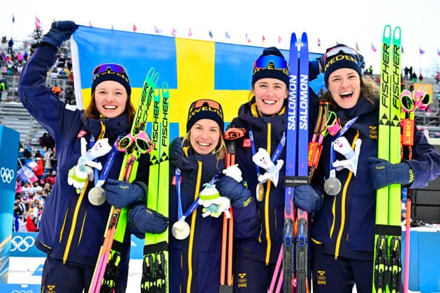 ANTERSELVA, ITALY 20260218 Sweden s Linn Gestblom, Anna Magnusson, Elvira Öberg and Hanna Öberg at the finish line after winning silver in the women s biathlon relay, 4x6 km, during the Winter Olympics in Anterselva, Italy. *** The image is included in the SPORTS PACKAGE. For others PAYMENT IMAGE *** ANTERSELVA ITALY x10030x *** ANTERSELVA, ITALY 20260218 Sweden s Linn Gestblom, Anna Magnusson, Elvira Öberg and Hanna Öberg at the finish line after winning silver in the women s biathlon relay, 4x6 km, during the Winter Olympics in Anterselva, Italy The image is included in the SPORTS PACKAGE For others PAYMENT IMAGE ANTERSELVA ITALY x10030x  Copyright: xJonasxEkströmer TTx 2026 OLYMPICS BI-SHOOTING RELAY WOMEN