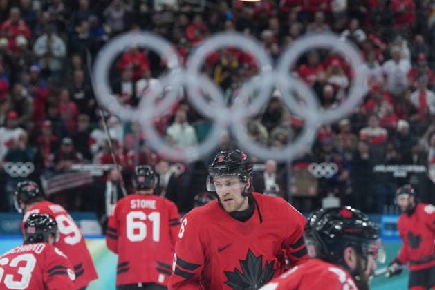 February 18, 2026, Milan, ITALY: Canada s Travis Sanheim (6) warms up ahead of a quarterfinal men s hockey game against Czechia at the 2026 Winter Olympics, in Milan, on Wednesday, Feb. 18, 2026. Canada News - February 18, 2026  - ZUMAc35_ 20260218_zaf_c35_052 Copyright: xDarrylxDyckx