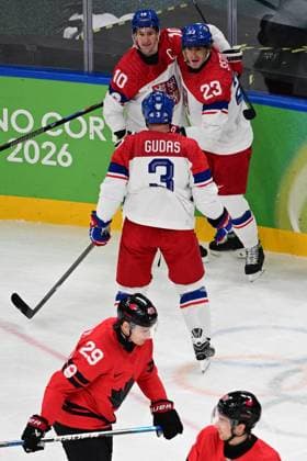 XXV Winter Olympic Games, Olympische Spiele, Olympia, OS in Milan, Italy, on February 18, 2026. Men s Ice hockey, Eishockey preliminary round playoffs, Czech Republic vs. Canada. Lukas Sedlak of Czech Republic, right, scores first goal of Czech Team and celebrates with hockey player of Czech Republic. (CTKxPhoto MichalxKamaryt) CTKPhotoP2026021808012  CTKPhotoP2026021808012