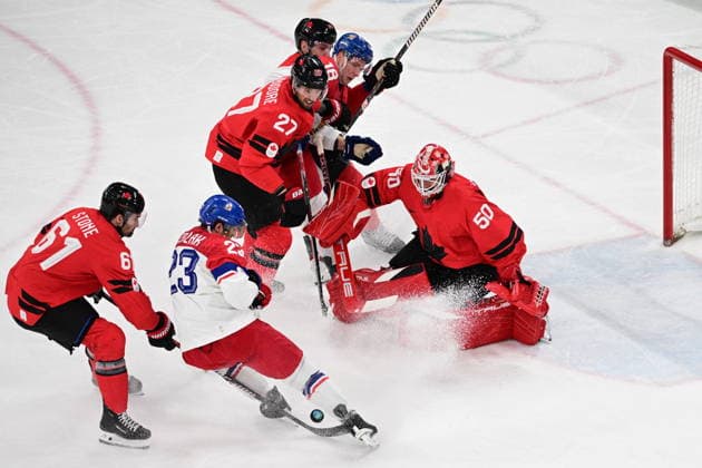 XXV Winter Olympic Games, Olympische Spiele, Olympia, OS in Milan, Italy, on February 18, 2026. Men s Ice hockey, Eishockey preliminary round playoffs, Czech Republic vs. Canada. From left Mark Stone of Canada, Czech Lukas Sedlak, Shea Theodore of Canada, Czech Ondrej Palat, Jordan Binnington of Canada. (CTKxPhoto MichalxKamaryt) CTKPhotoP2026021808097  CTKPhotoP2026021808097