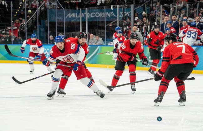Ice hockey, Eishockey - Milano Cortina 2026 Winter Olympics: Day 12 David Tomasek, Travis Sanheim, Devon Toews during Milano Cortina 2026 Winter Olympics Ice Hockey Men™s Canada vs Czech Republic match at Milano Santagiulia Ice Hockey Arena in Milan on February 18, 2026 Milan Italy  Copyright: xFotoxOlimpikx originalFilename:jastrzebowski-icehocke260218_npCRH.jpg