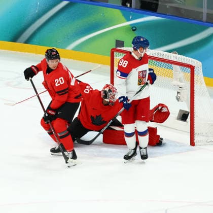 February 18, 2026, Milan, Lombardy, Italy: The puck is flying over the goal of JORDAN BINNINGTON of Canada during the Quarterfinal game between Team Canada (CAN) and Team Czechia (CZE) at the Milano Cortina 2026 Olympic Games, Olympische Spiele, Olympia, OS Milan Italy - ZUMAc179 20260218_oly_c179_039 Copyright: xMickaelxChavetx