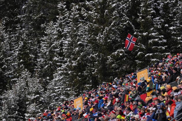 Norway™s ™s flag during Biathlon Women s 4 x 6km Relay at Antholz-Anterselva Biathlon Arena at the Milano Cortina 2026 Winter Olympics, in Anterselva (Italy) February 18 , 2026 (Spada LaPresse)  Copyright: xSpada LaPressex