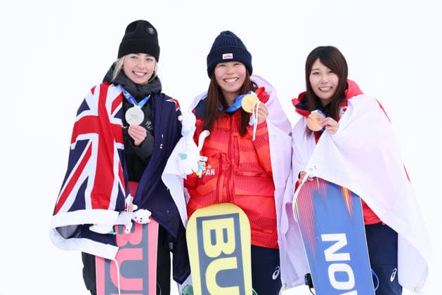 (L to R) SADOWSKI SYNNOTT Zoi (NZL), Mari Fukada (JPN), Kokomo Murase (JPN), FEBRUARY 18, 2026 - Snowboarding : Women s Slopestyle Medal ceremony during the Milano Cortina 2026 Olympic Winter games, Winterspiele,Spiele, Summer games at Livigno Snow Park in Livigno, Italy.  aflo_320372734