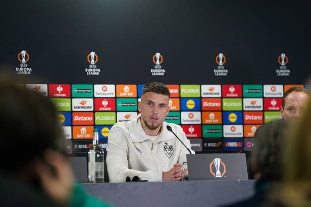Soccer UEFA Europa League 2025 26 Press conference Celtic FC vs VfB Stuttgart first leg Ermedin Demirovic VfB Stuttgart, 9 at the press conference ahead of the UEFA Europa League first leg match between Celtic Glasgow FC and VfB Stuttgart in Glasgow, Scotland, on February 18, 2026 Copyright: xJOERANxSTEINSIEKx