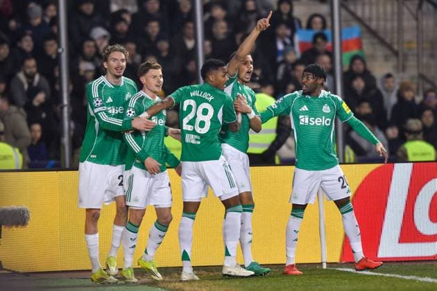 Malick Thiaw of Newcastle United Football Club celebrates his goal with his teammates Qarabag v Newcastle United, UEFA Champions League, Knockout Round Play-Offs, First Leg, Football, Tofig Bahramov Republican Stadium, Baku, Azerbaijan - 18 Feb 2026Baku Tofig Bahramov Republican Stadiu Azerbaijan EDITORIAL USE ONLY No use with unauthorised audio, video, data, fixture lists, club league logos or live services. Online in-match use limited to 120 images, no video emulation. No use in betting, games or single club league player publications.  Copyright: xElmirxKarimov Shutterstockx 16660416r