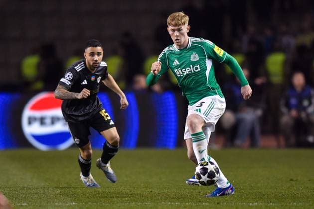 Lewis Hall of Newcastle United Football Club passes the ball Qarabag v Newcastle United, UEFA Champions League, Knockout Round Play-Offs, First Leg, Football, Tofig Bahramov Republican Stadium, Baku, Azerbaijan - 18 Feb 2026Baku Tofig Bahramov Republican Stadiu Azerbaijan EDITORIAL USE ONLY No use with unauthorised audio, video, data, fixture lists, club league logos or live services. Online in-match use limited to 120 images, no video emulation. No use in betting, games or single club league player publications.  Copyright: xElmirxKarimov Shutterstockx 16660416w