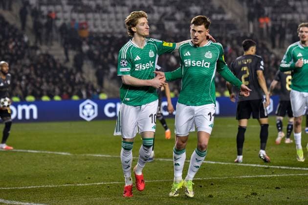 Anthony Gordon of Newcastle United Football Club celebrates his goal with Harvey Barnes of Newcastle United Football Club Qarabag v Newcastle United, UEFA Champions League, Knockout Round Play-Offs, First Leg, Football, Tofig Bahramov Republican Stadium, Baku, Azerbaijan - 18 Feb 2026Baku Tofig Bahramov Republican Stadiu Azerbaijan EDITORIAL USE ONLY No use with unauthorised audio, video, data, fixture lists, club league logos or live services. Online in-match use limited to 120 images, no video emulation. No use in betting, games or single club league player publications.  Copyright: xElmirxKarimov Shutterstockx 16660416af