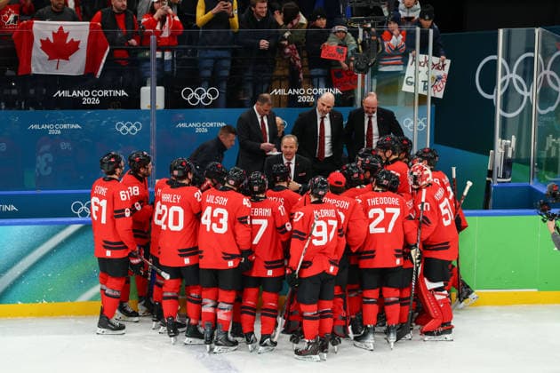 February 18, 2026, Milan, Lombardy, Italy: TEAM CANADA PLAYERS celebrate winning 4:3 on overtime their Quarterfinal game against Team Czechia at the Milano Cortina 2026 Olympic Games, Olympische Spiele, Olympia, OS Canada won 4:3. Milan Italy - ZUMAc179 20260218_oly_c179_075 Copyright: xMickaelxChavetx
