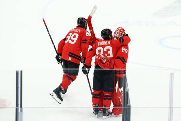 February 18, 2026, Milan, Lombardy, Italy: MITCH MARNER 93 of Canada celebrates scoring the winning goal during the overtime of the Quarterfinal game between Team Canada (CAN) and Team Czechia (CZE) at the Milano Cortina 2026 Olympic Games, Olympische Spiele, Olympia, OS Canada won 4:3. Milan Italy - ZUMAc179 20260218_oly_c179_076 Copyright: xMickaelxChavetx