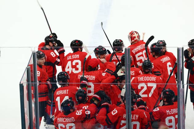 February 18, 2026, Milan, Lombardy, Italy: MITCH MARNER 93 of Canada celebrates scoring the winning goal during the overtime of the Quarterfinal game between Team Canada (CAN) and Team Czechia (CZE) at the Milano Cortina 2026 Olympic Games, Olympische Spiele, Olympia, OS Canada won 4:3. Milan Italy - ZUMAc179 20260218_oly_c179_078 Copyright: xMickaelxChavetx