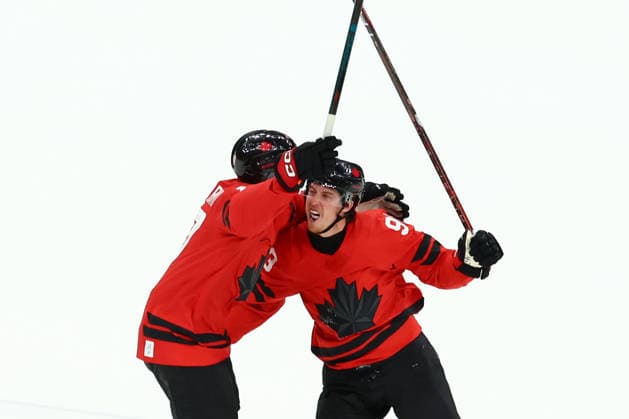 February 18, 2026, Milan, Lombardy, Italy: MITCH MARNER 93 of Canada celebrates scoring the winning goal during the overtime of the Quarterfinal game between Team Canada (CAN) and Team Czechia (CZE) at the Milano Cortina 2026 Olympic Games, Olympische Spiele, Olympia, OS Canada won 4:3. Olympics 2026: Milano Cortina: Ice hockey, Eishockey Men: CAN:CZE  - ZUMAc179 20260218_oly_c179_089 Copyright: xMickaelxChavetx