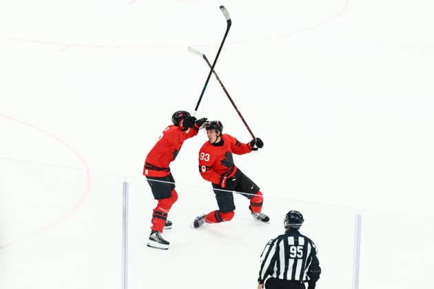 February 18, 2026, Milan, Lombardy, Italy: MITCH MARNER 93 of Canada celebrates scoring the winning goal during the overtime of the Quarterfinal game between Team Canada (CAN) and Team Czechia (CZE) at the Milano Cortina 2026 Olympic Games, Olympische Spiele, Olympia, OS Canada won 4:3. Olympics 2026: Milano Cortina: Ice hockey, Eishockey Men: CAN:CZE  - ZUMAc179 20260218_oly_c179_090 Copyright: xMickaelxChavetx