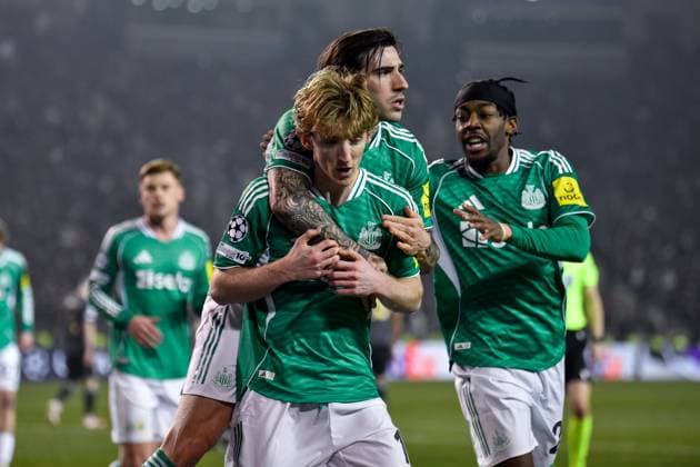 Anthony Gordon of Newcastle United Football Club celebrates his goal with Sandro Tonali of Newcastle United Football Club and Anthony Elanga of Newcastle United Football Club Qarabag v Newcastle United, UEFA Champions League, Knockout Round Play-Offs, First Leg, Football, Tofig Bahramov Republican Stadium, Baku, Azerbaijan - 18 Feb 2026Baku Tofig Bahramov Republican Stadiu Azerbaijan EDITORIAL USE ONLY No use with unauthorised audio, video, data, fixture lists, club league logos or live services. Online in-match use limited to 120 images, no video emulation. No use in betting, games or single club league player publications.  Copyright: xElmirxKarimov Shutterstockx 16660416aq