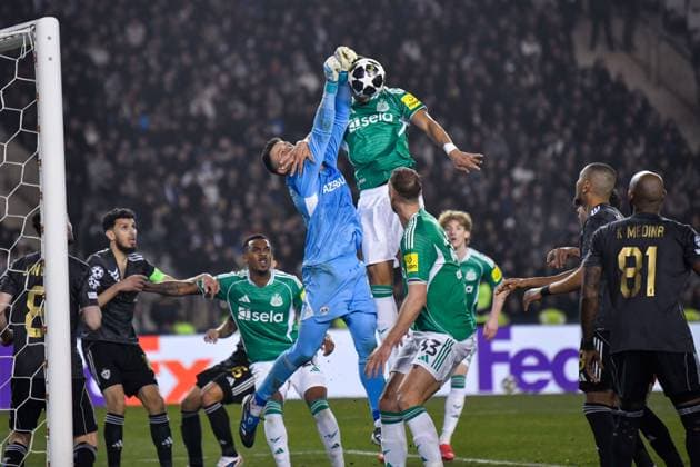 Malick Thiaw of Newcastle United Football Club jumps to win the ball over Mateusz Kochalski of Qarabag FK Qarabag v Newcastle United, UEFA Champions League, Knockout Round Play-Offs, First Leg, Football, Tofig Bahramov Republican Stadium, Baku, Azerbaijan - 18 Feb 2026Baku Tofig Bahramov Republican Stadiu Azerbaijan EDITORIAL USE ONLY No use with unauthorised audio, video, data, fixture lists, club league logos or live services. Online in-match use limited to 120 images, no video emulation. No use in betting, games or single club league player publications.  Copyright: xElmirxKarimov Shutterstockx 16660416az
