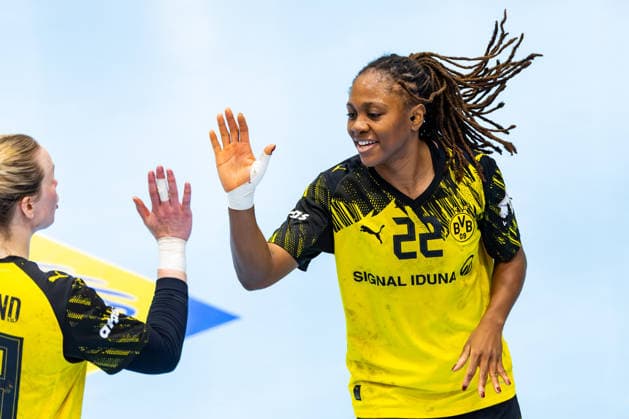 18 02 2026, GER, Handball, Women, Season 2025 2026, Alsco 1 Bl, 18 Matchday, Thueringer HC BVB 09 Borussia Dortmund Deborah Lassource BVB 09 Borussia Dortmund BVB 09 Borussia Dortmund 99947 Bad Langensalza Salza Halle Sporthalle Mehrz Thüringen Germany