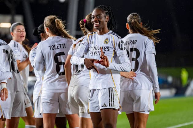 Real Madrid CF v Paris FC - UEFA Women s Champions League 2025 26 KO play-offs Second Leg Naomie Feller of Real Madrid CF celebrates her goal during the UEFA Women s Champions League 2025 26 KO play-offs Second Leg match between Real Madrid C.F. and Paris FC at Estadio Alfredo Di Stefano on February 18, 2026 in Madrid, Spain. Valdebebas Estadio Alfredo Di Stefano Madrid Spain Copyright: xAlbertoxGardinx AGardin_20260218_Foot_WChamp_Real_Madrid_Paris_0065