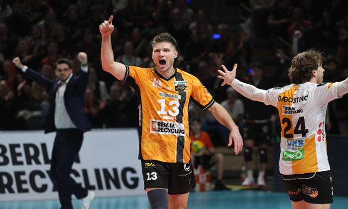 Coaches Alexandre Leal, Ruben Schott, Kyle Dagostino cheer after spectacular point win Joy Emotion Cheers Sport Volleyball CEV Champions League Men Season 2025 2026 18 02 2026 BR Volleys Berlin BRV vs Sir Sicoma Monini Perugia