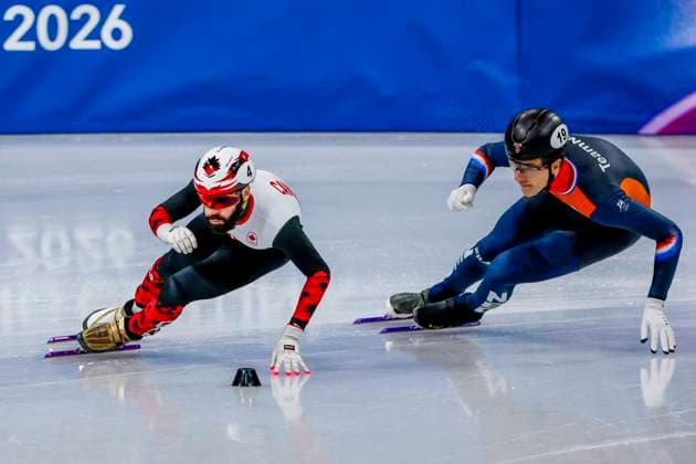 Steven Dubois of Canada and Teun Boer of the Netherlands Men s 500m Quarterfinals, Milano Cortina 2026 Winter Olympics: Day 12, Short Track Speed skating, Eisschnelllauf - Milano Cortina 2026 Winter Olympics: Day 12, Milano Speed Skating Stadium, February 18, 2026, Milan, Italy.