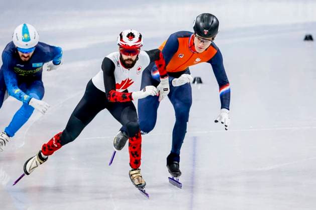 Steven Dubois of Canada and Teun Boer of the Netherlands Men s 500m Quarterfinals, Milano Cortina 2026 Winter Olympics: Day 12, Short Track Speed skating, Eisschnelllauf - Milano Cortina 2026 Winter Olympics: Day 12, Milano Speed Skating Stadium, February 18, 2026, Milan, Italy.