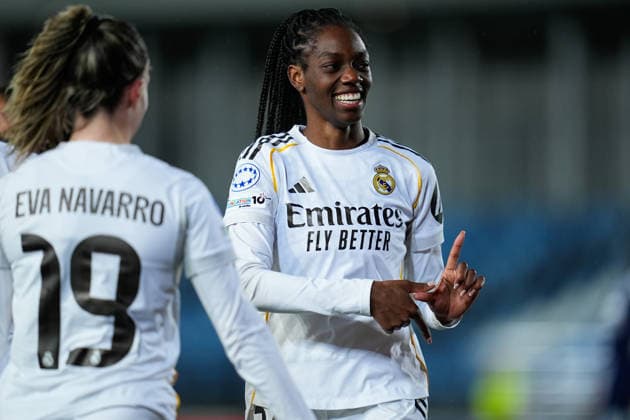 February 18, 2026, Valdebebas, Madrid, Spain: Naomie Feller of Real Madrid celebrates a goal during the UEFA Women s Champions League 2025 26 KO play-offs Second Leg match between Real Madrid C.F. and Paris FC at Alfredo Di Stefano on February 18, 2026 in Madrid, Spain. Valdebebas Spain - ZUMAa181 20260218_zaa_a181_051 Copyright: xDennisxAgyemanx