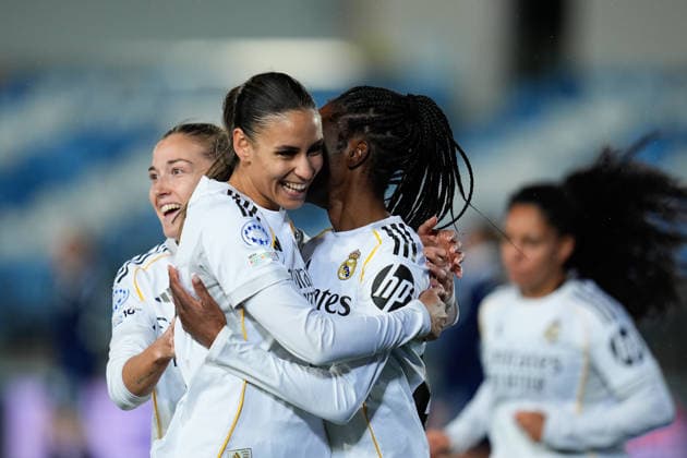 February 18, 2026, Valdebebas, Madrid, Spain: Naomie Feller of Real Madrid celebrates a goal during the UEFA Women s Champions League 2025 26 KO play-offs Second Leg match between Real Madrid C.F. and Paris FC at Alfredo Di Stefano on February 18, 2026 in Madrid, Spain. Valdebebas Spain - ZUMAa181 20260218_zaa_a181_053 Copyright: xDennisxAgyemanx
