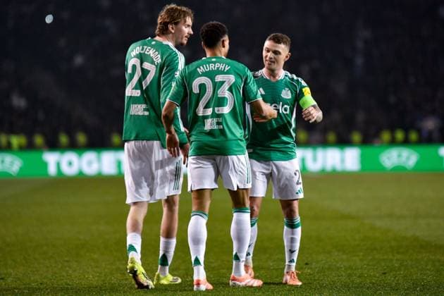 Jacob Murphy of Newcastle United Football Club celebrates his goal with Nick Woltemade of Newcastle United Football Club and Kieran Trippier of Newcastle United Football Club Qarabag v Newcastle United, UEFA Champions League, Knockout Round Play-Offs, First Leg, Football, Tofig Bahramov Republican Stadium, Baku, Azerbaijan - 18 Feb 2026Baku Tofig Bahramov Republican Stadiu Azerbaijan EDITORIAL USE ONLY No use with unauthorised audio, video, data, fixture lists, club league logos or live services. Online in-match use limited to 120 images, no video emulation. No use in betting, games or single club league player publications.  Copyright: xElmirxKarimov Shutterstockx 16660416cc