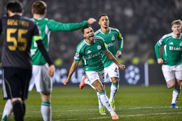 Jacob Murphy of Newcastle United Football Club runs off to celebrate after scoring Qarabag v Newcastle United, UEFA Champions League, Knockout Round Play-Offs, First Leg, Football, Tofig Bahramov Republican Stadium, Baku, Azerbaijan - 18 Feb 2026Baku Tofig Bahramov Republican Stadiu Azerbaijan EDITORIAL USE ONLY No use with unauthorised audio, video, data, fixture lists, club league logos or live services. Online in-match use limited to 120 images, no video emulation. No use in betting, games or single club league player publications.  Copyright: xElmirxKarimov Shutterstockx 16660416ce