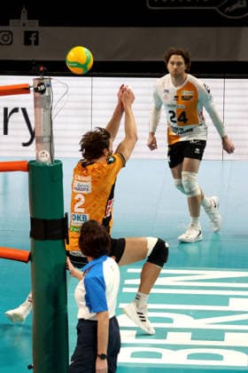 DEU, Champions League, BR Volleys vs Sicoma Monini Perugia, 18 02 2026, Max Schmeling Halle, Berlin, DEU, Champions League, BR Volleys vs Sicoma Monini Perugia, in the picture Matthew Knigge BR Volleys 2 , Kyle Dagostino BR Volleys 24 nordphotoxGmbHx xEngler nph00076