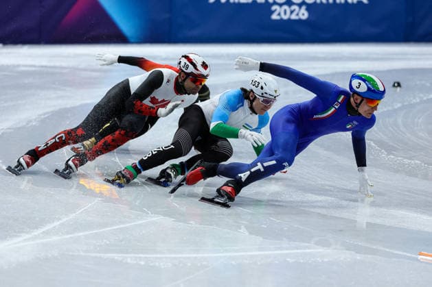 GIOCHI OLIMPICI - Olimpiadi Invernali Milano-Cortina 2026 - Short Track Speed skating, Eisschnelllauf Men s 500m Finals Pietro Sighel (ITA) followed by Daniil Eybog (UZB) and Maxime Laoun (CAN) during the Olympic Winter games, Winterspiele,Spiele, Summer games Milano-Cortina 2026, Short Track Speed Skating Men s 500m Finals on February 18, 2026 at Milano Ice Skating Arena in Milan, Italy Cortina D Ampezzo Italy  Copyright: xIPAxSport ABACAx