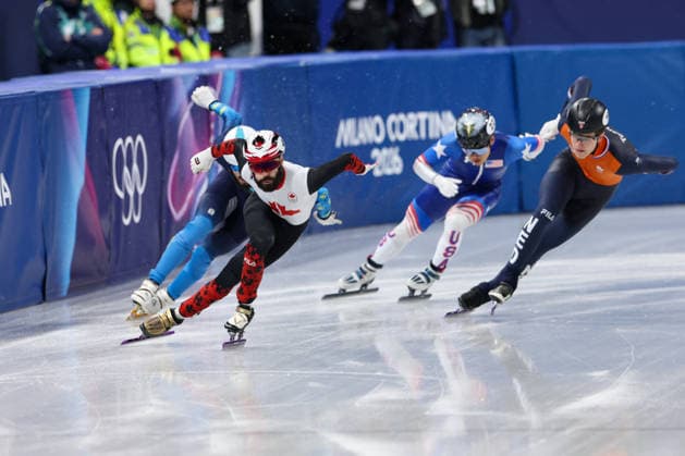 Winter Olympics - Speed skating, Eisschnelllauf Men s 500m DUBOIS Steven of Team Canada competes in the quarterfinals of the Short Track Speed Skating Men s 500m on day twelve of the Milano Cortina 2026 Winter Olympic Games, Olympische Spiele, Olympia, OS at Milano Ice Skating Arena on February 18, 2026 in Milan, Italy. Photo by Alexis Jumeau ABACAPRESS.COM Milan Italy  Copyright: xJumeauxAlexis ABACAx