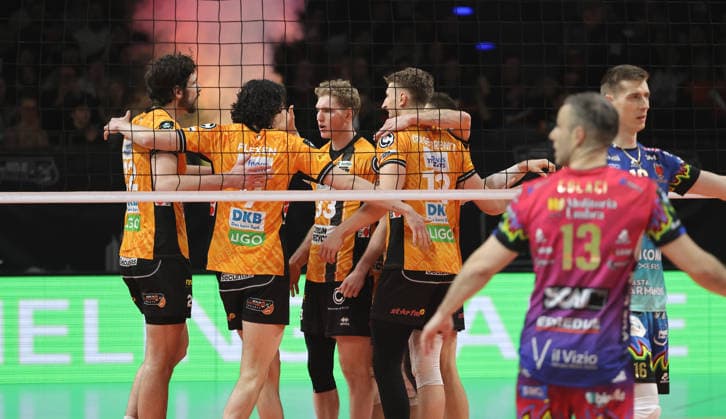 BR Volleys celebrate a point win Sport Volleyball CEV Champions League Men Season 2025 2026 18 02 2026 BR Volleys Berlin BRV vs Sir Sicoma Monini Perugia