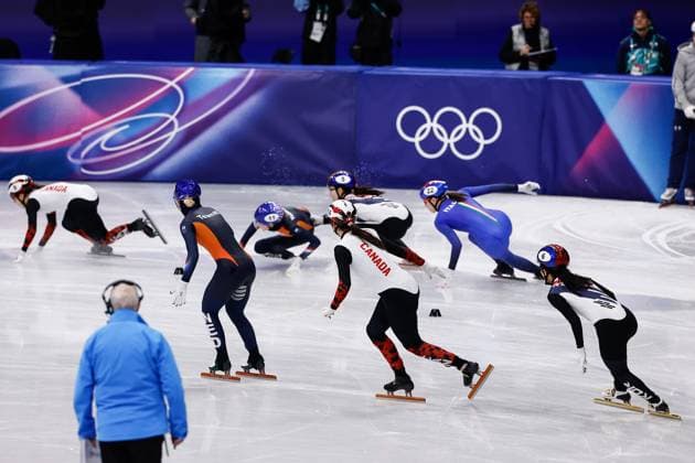 MILAN , 18-02-2026 , Milano Ice Skating Arena , Olympic Winter games, Winterspiele,Spiele, Summer games 2026 - Short Track 18-02 Women™s 3000m relay final A, Picture shows teams Republic of Korea, Canada, Netherlands, Italy , fall Netherlands Olympic Winter Games 2026 - Short Track 18-02  x201713652x Copyright: