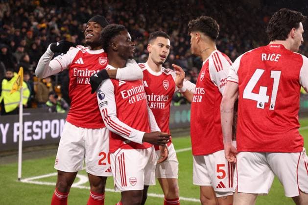 Bukayo Saka of Arsenal scores to make it 0-1 and celebrates Wolverhampton Wanderers v Arsenal, Premier League, Football, Molineux, Wolverhampton, UK - 18 Feb 2026Wolverhampton Molineux United Kingdom EDITORIAL USE ONLY No use with unauthorised audio, video, data, fixture lists, club league logos or live services. Online in-match use limited to 120 images, no video emulation. No use in betting, games or single club league player publications. Copyright: xRyanxBrowne Shutterstockx 16660426ba