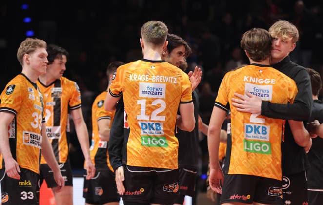 BR Volleys team disappointed after the end of the match Disappointment Sport Volleyball CEV Champions League Men Season 2025 2026 18 02 2026 BR Volleys Berlin BRV vs Sir Sicoma Monini Perugia