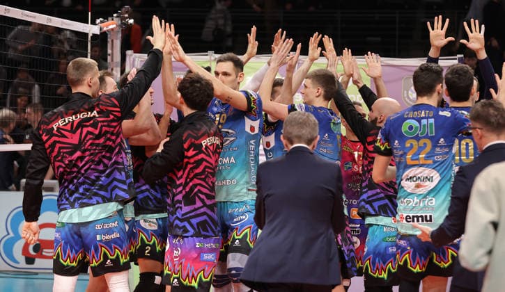 Team Perugia cheers after the end of the match Joy Emotion Cheers Sport Volleyball CEV Champions League Men Season 2025 2026 18 02 2026 BR Volleys Berlin BRV vs Sir Sicoma Monini Perugia