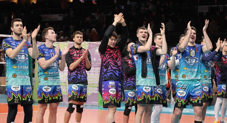 Team Perugia cheers after the end of the match Joy Emotion Cheers Sport Volleyball CEV Champions League Men Season 2025 2026 18 02 2026 BR Volleys Berlin BRV vs Sir Sicoma Monini Perugia