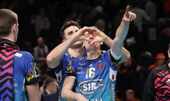 Wassim Ben Tara, Kamil Semeniuk, Team Perugia cheers after the end of the match Joy Emotion Cheers Sport Volleyball CEV Champions League Men Season 2025 2026 18 02 2026 BR Volleys Berlin BRV vs Sir Sicoma Monini Perugia