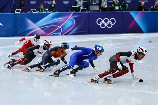 William Dandjinou (CAN) followed by Pietro Sighel (ITA), Maxime Laoun (CAN, Melle van T Wout (NED) and Felix Pigeon (POL) during the Olympic Winter games, Winterspiele,Spiele, Summer games Milano-Cortina 2026, Short Track Speed skating, Eisschnelllauf Men s 500m Finals on February 18, 2026 at Milano Ice Skating Arena in Milan, Italy  Copyright: xFabrizioxCarabelli IPAxSportx xipa-agency.netx xx IPA_71701732 IPA_Agency_IPA71701732