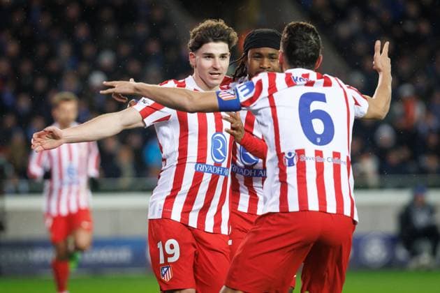Atletico Madrid s Julian Alvarez celebrates after scoring during a soccer game between Belgian Club Brugge KV and Spanish Atletico de Madrid, in Brugge on Wednesday 18 February 2026, the first leg of the play-offs for the knockout phase of the UEFA Champions League tournament. KURTxDESPLENTER  x164157795x