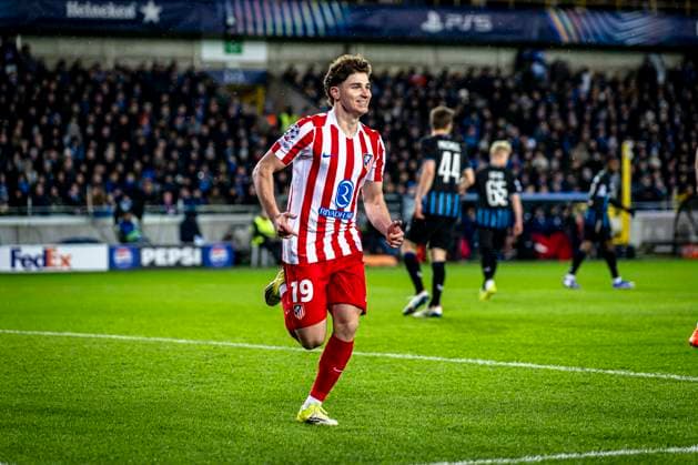 Atletico de Madrid forwarder Julian Alvarez celebrating the goal 0 1, during the match Club Brugge KV vs Atletico de Madrid at the Jan Breydelstadion for the Champions League KO play offs 1st leg season 2025 2026 in BRUGGE, Belgium on 18 february 2026 Photo by Stefan Koops EYE4IMAGES DeFodi Images