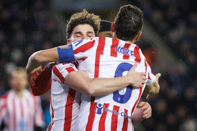 Atletico Madrid s Julian Alvarez celebrates after scoring during a soccer game between Belgian Club Brugge KV and Spanish Atletico de Madrid, in Brugge on Wednesday 18 February 2026, the first leg of the play-offs for the knockout phase of the UEFA Champions League tournament. KURTxDESPLENTER  x164157802x