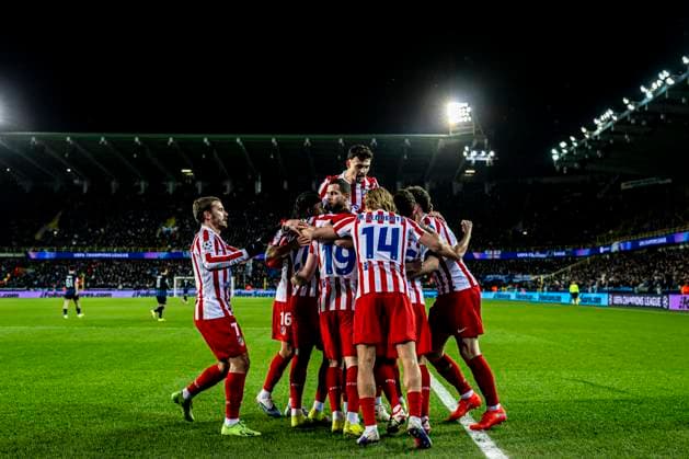 players of Atletico de Madrid celebrating the goal, during the match Club Brugge KV vs Atletico de Madrid at the Jan Breydelstadion for the Champions League KO play offs 1st leg season 2025 2026 in BRUGGE, Belgium on 18 february 2026 Photo by Stefan Koops EYE4IMAGES DeFodi Images