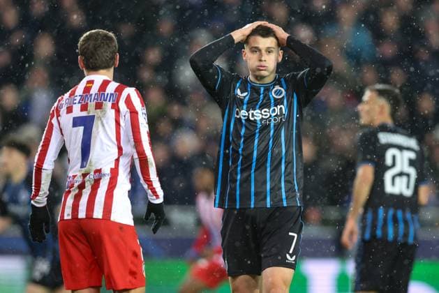 Club s Nicolo Tresoldi reacts during a soccer game between Belgian Club Brugge KV and Spanish Atletico de Madrid, in Brugge on Wednesday 18 February 2026, the first leg of the play-offs for the knockout phase of the UEFA Champions League tournament. BRUNOxFAHY  x164158520x