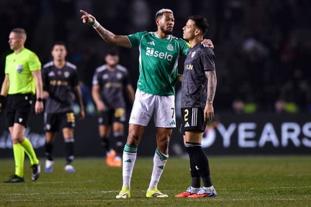 Joelinton of Newcastle United Football Club talks to Matheus Silva of Qarabag FK at full time Qarabag v Newcastle United, UEFA Champions League, Knockout Round Play-Offs, First Leg, Football, Tofig Bahramov Republican Stadium, Baku, Azerbaijan - 18 Feb 2026Baku Tofig Bahramov Republican Stadiu Azerbaijan EDITORIAL USE ONLY No use with unauthorised audio, video, data, fixture lists, club league logos or live services. Online in-match use limited to 120 images, no video emulation. No use in betting, games or single club league player publications. Copyright: xElmirxKarimov Shutterstockx 16660416cp