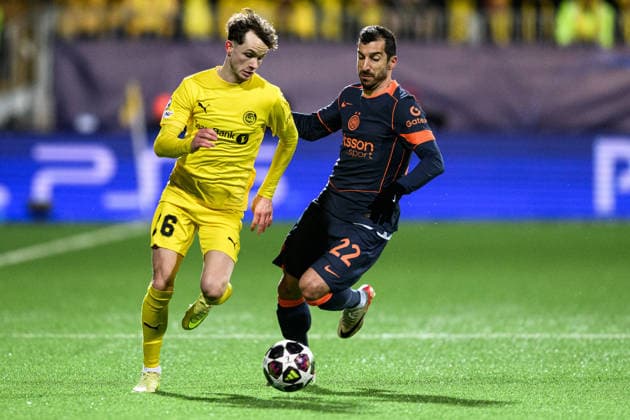 260218 Jostein Gundersen of Bodo Glimt and Henrikh Mkhitaryan of Inter during the UEFA Champions League football match between Bodo Glimt and Inter on February 18, 2026 in Bodo Photo Marius Simensen BILDBYRAN COP 238 MM0055 bbeng football fotball fotboll soccer uefa champions league mesterligaen bodo glimt inter fc internazionale milano  Copyright: MARIUSxSIMENSEN BB260218ZS105