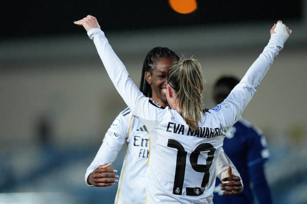 February 18, 2026, Valdebebas, Madrid, Spain: Eva Navarro of Real Madrid CF celebrates an own goal scored by Melween N Dongala of Paris FC during the UEFA Women s Champions League 2025 26 KO play-offs Second Leg match between Real Madrid C.F. and Paris FC at Alfredo Di Stefano on February 18, 2026 in Madrid, Spain. Valdebebas Spain - ZUMAa181 20260218_zaa_a181_090 Copyright: xDennisxAgyemanx