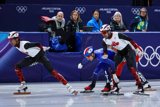GIOCHI OLIMPICI - Olimpiadi Invernali Milano-Cortina 2026 - Short Track Speed skating, Eisschnelllauf Men s 500m Finals William Dandjinou (CAN), Pietro Sighel (ITA) and Maxime Laoun (CAN) during the Olympic Winter games, Winterspiele,Spiele, Summer games Milano-Cortina 2026, Short Track Speed Skating Men s 500m Finals on February 18, 2026 at Milano Ice Skating Arena in Milan, Italy Cortina D Ampezzo Italy  Copyright: xIPAxSport ABACAx