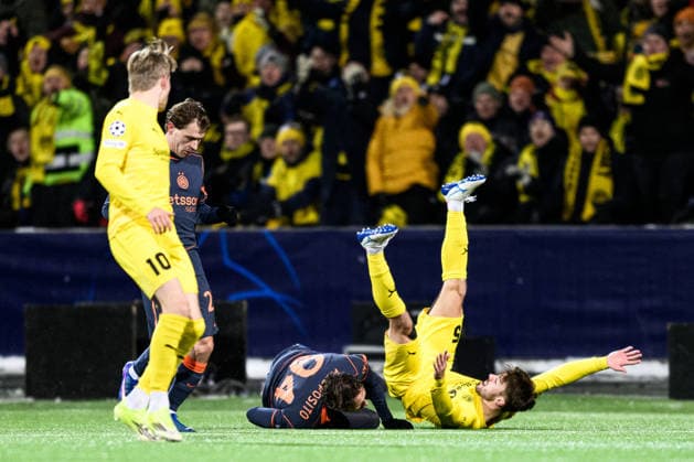 260218 Pio Esposito of Inter and Fredrik AndrÃ Bjorkan of Bodo Glimt during the UEFA Champions League football match between Bodo Glimt and Inter on February 18, 2026 in Bodo Photo Marius Simensen BILDBYRAN COP 238 MM0055 bbeng football fotball fotboll soccer uefa champions league mesterligaen bodo glimt inter fc internazionale milano  Copyright: MARIUSxSIMENSEN BB260218ZB135
